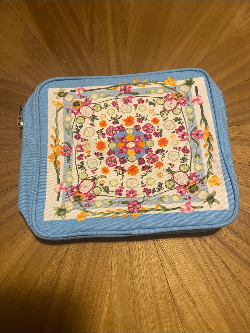 Estee Lauder Light Blue Floral Embroidered Cosmetic Pouch